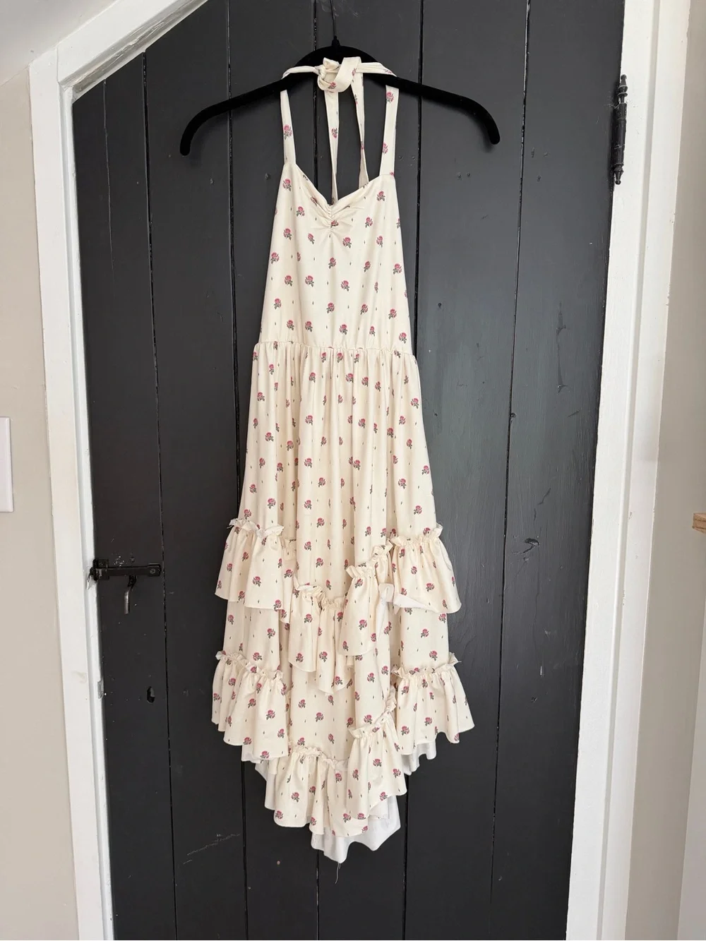Joyfolie Cream Halter Ruffle Dress with Pink Floral Print